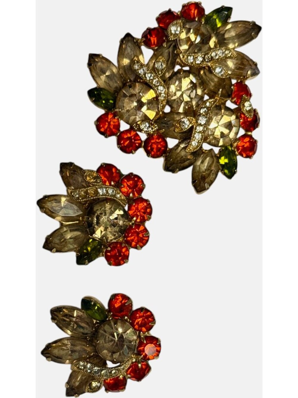 Eisenberg Ice Rhinestone Fall Leaf Brooch & Clip-On Earrings READ